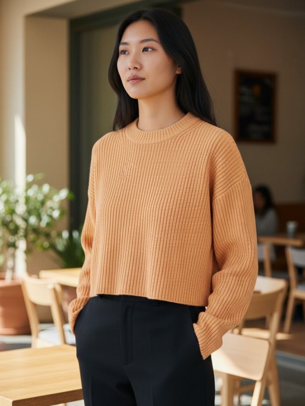 H&M Cropped Ribbed Sweater - Apricot Orange - Cotton Blend - Size M